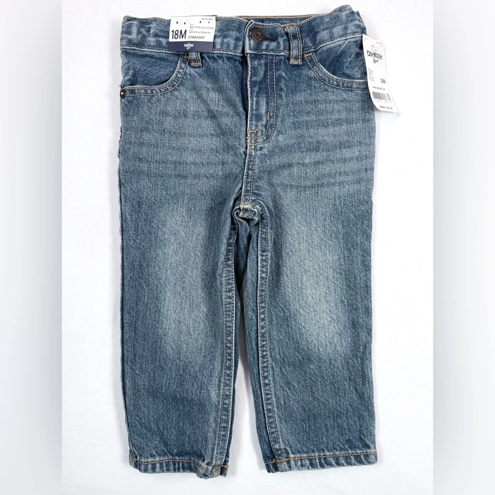 NWT OSHKOSH Boys Straight Jeans 18M Classic Blue Denim‎ Adjustable Waist NEW